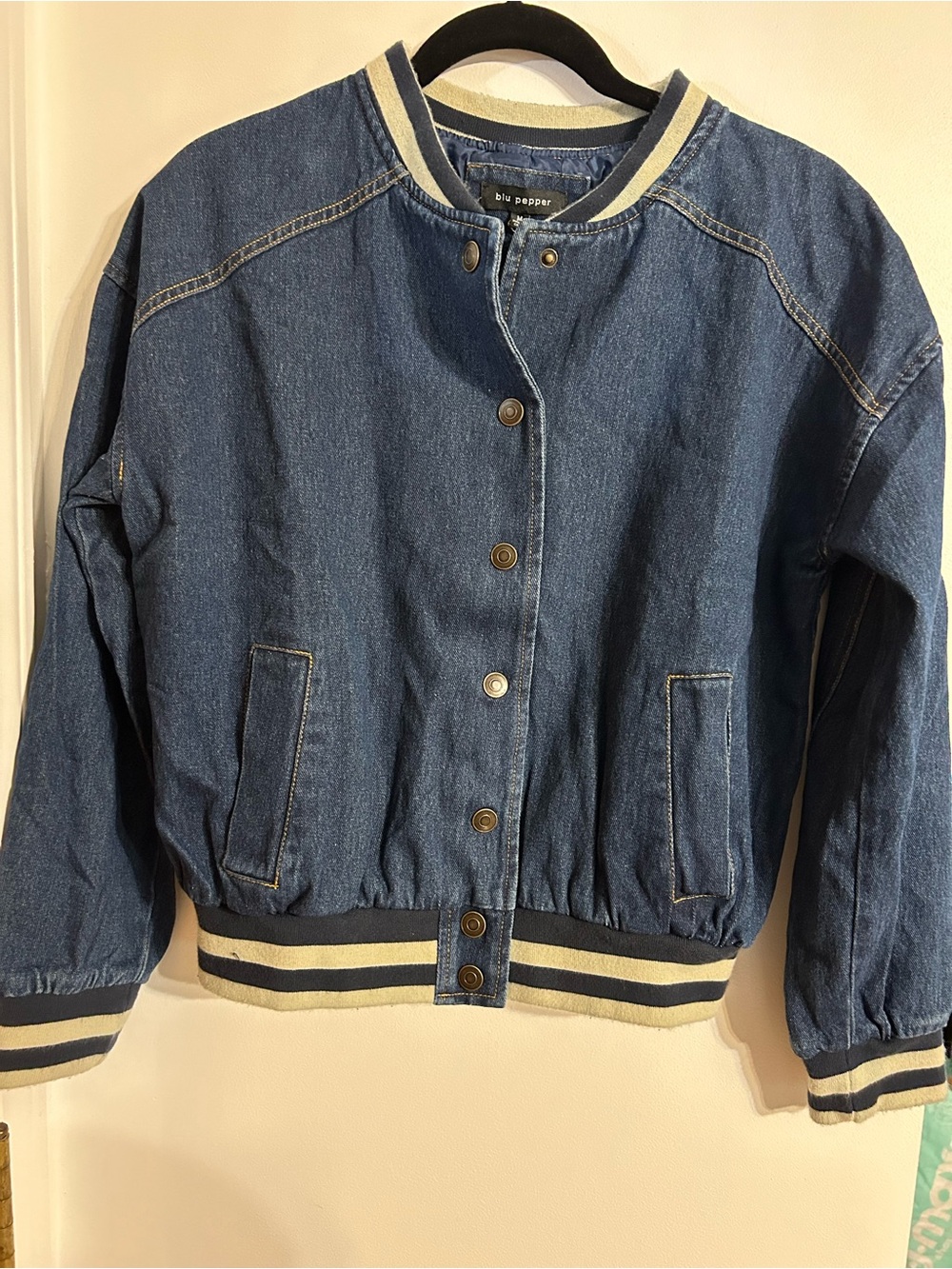 Blu Pepper Blue Denim Bomber Jacket with Striped Rib Trim